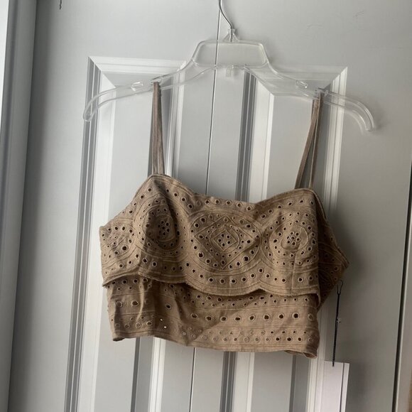 NWT Jason Wu Tan Beige Linen Wrap Eyelet Cropped Smocked Midi Skirt Tank Set, 8 - Picture 4 of 14